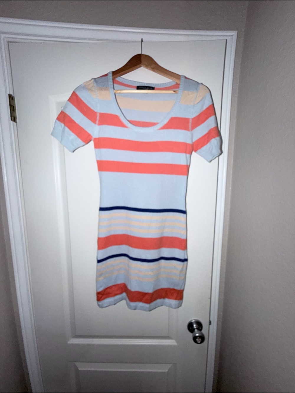 Sanctuary Striped, Fitted Mini Dress in Light Blue, Coral, Navy & Cream